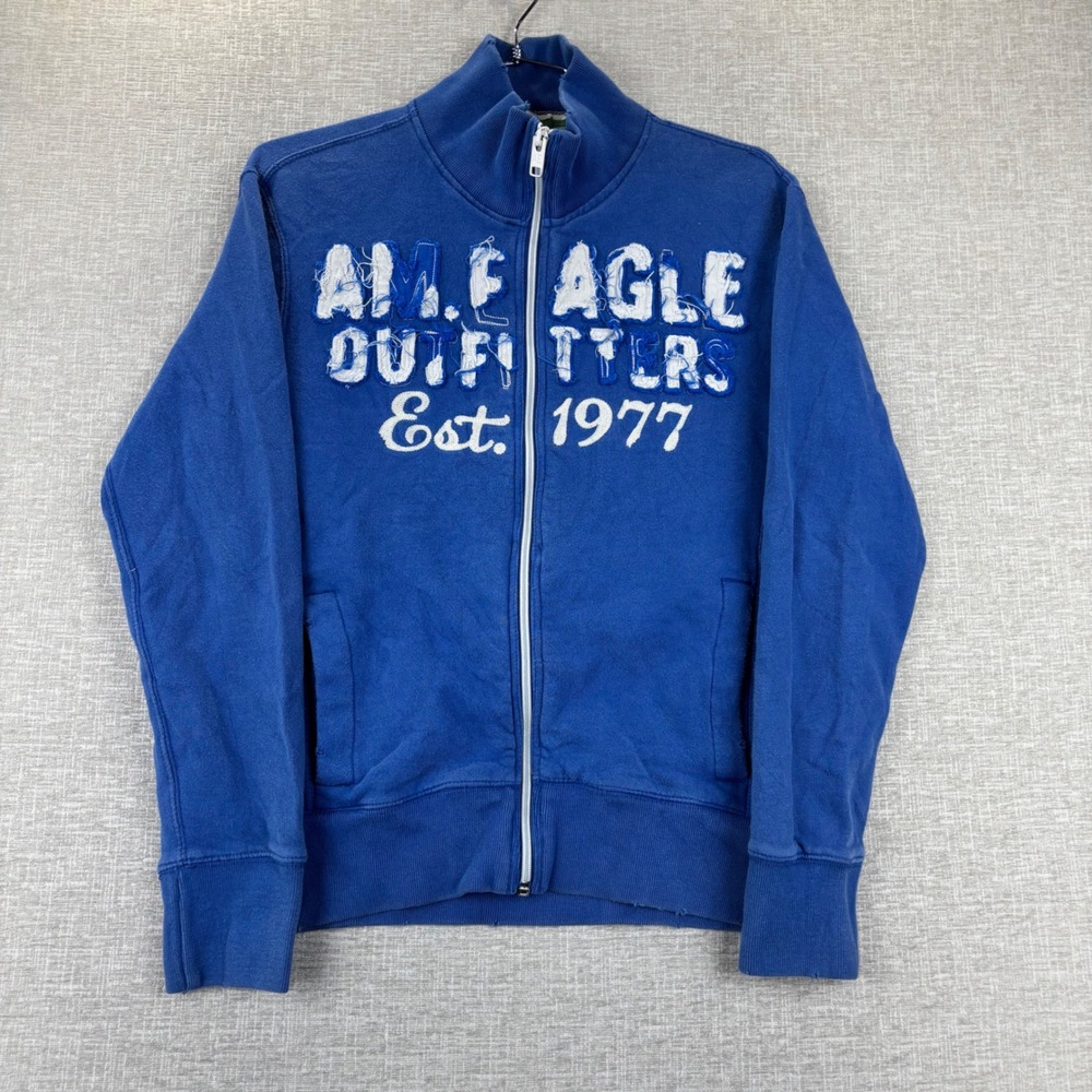 American Eagle Outfitters Mens Blue Full Zip Fleece Jacket Mock Neck Logo M